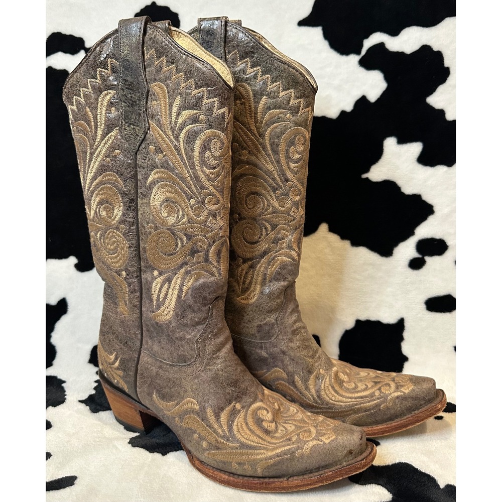 CIRCLE G‎ Women's Brown Gold Embroidered Snip Toe Western Cowboy Boots 7M